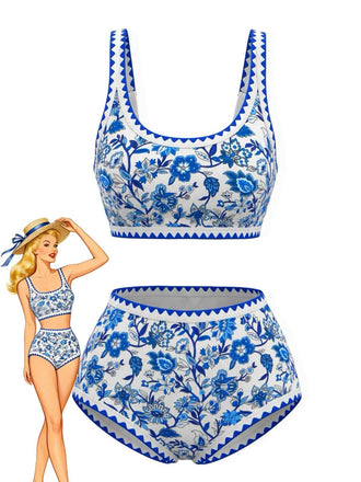1950s Scoop Neck Floral High-Waist Bikini Set - vintage fashion, retro style