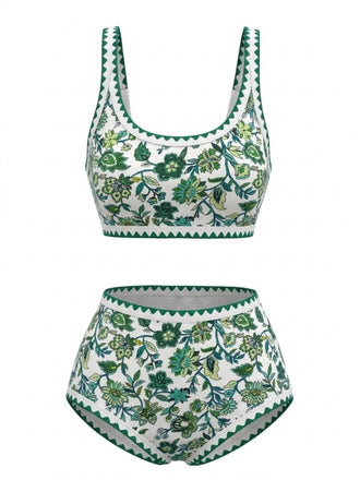 1950s Scoop Neck Floral High-Waist Bikini Set - vintage swimwear, retro swimsuit, pin-up style for vintage lovers