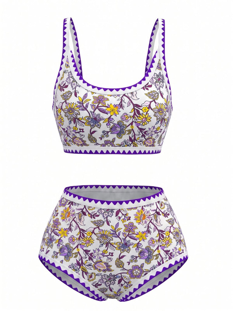 1950s Scoop Neck Floral High-Waist Bikini Set, vintage swimsuit, pin-up swimwear - perfect for women who love vintage and retro fashion