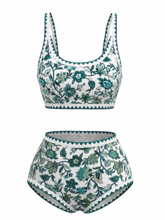 1950s Scoop Neck Floral High-Waist Bikini Set, vintage swimsuit, pin-up swimwear - perfect for women who love vintage and retro fashion