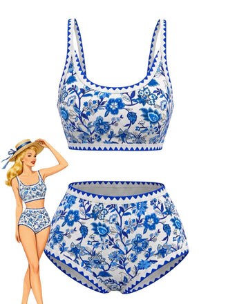 1950s Scoop Neck Floral High-Waist Bikini Set, vintage swimsuit, pin-up swimwear - perfect for women who love vintage and retro fashion