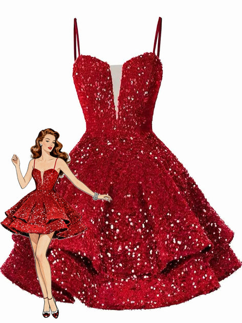 sparkly red dresses Retro Stage Sequin High-Low Cocktail Dress Hard Rock: Global Hotels, long sleeves are perfect FEELINGSPORTY Material:Silk Blend