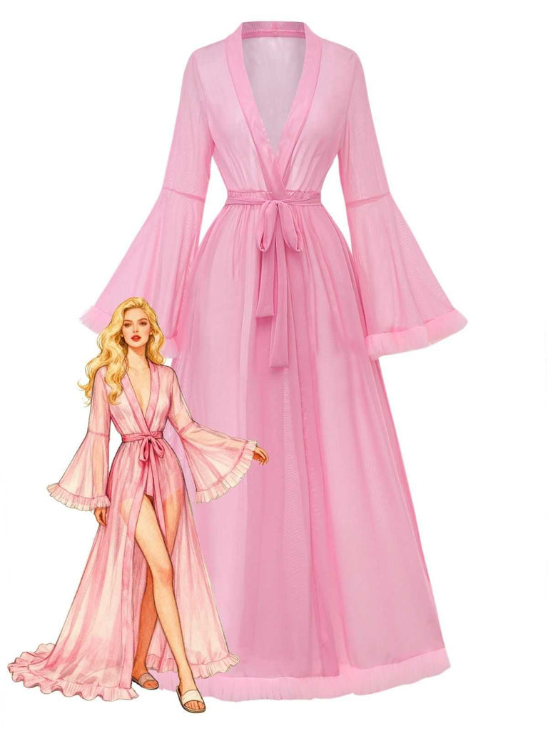 slim fit dress slacks 1950s Sheer Flared Sleeve Belted Long Robe