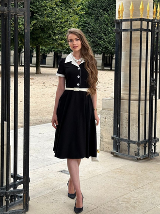 She slips into this 1950s Shirt Collar Buttons Swing Dress and suddenly it's a 1950s daydream