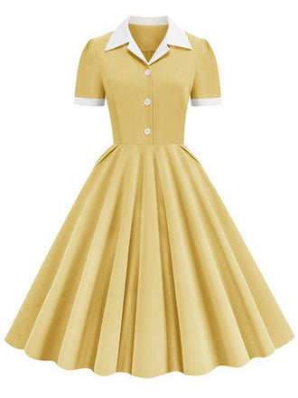 She slips into this 1950s Shirt Collar Buttons Swing Dress and suddenly it's a 1950s daydream