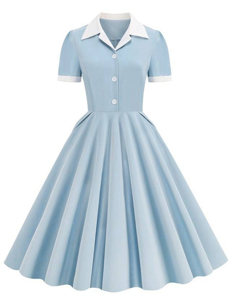 white collar dress 1950s Shirt Collar White Buttons Swing Dress