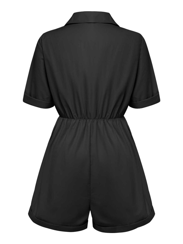 She pairs this 1950s Shirt Neck Lace-Up Solid Romper with confidence and 1950s charm