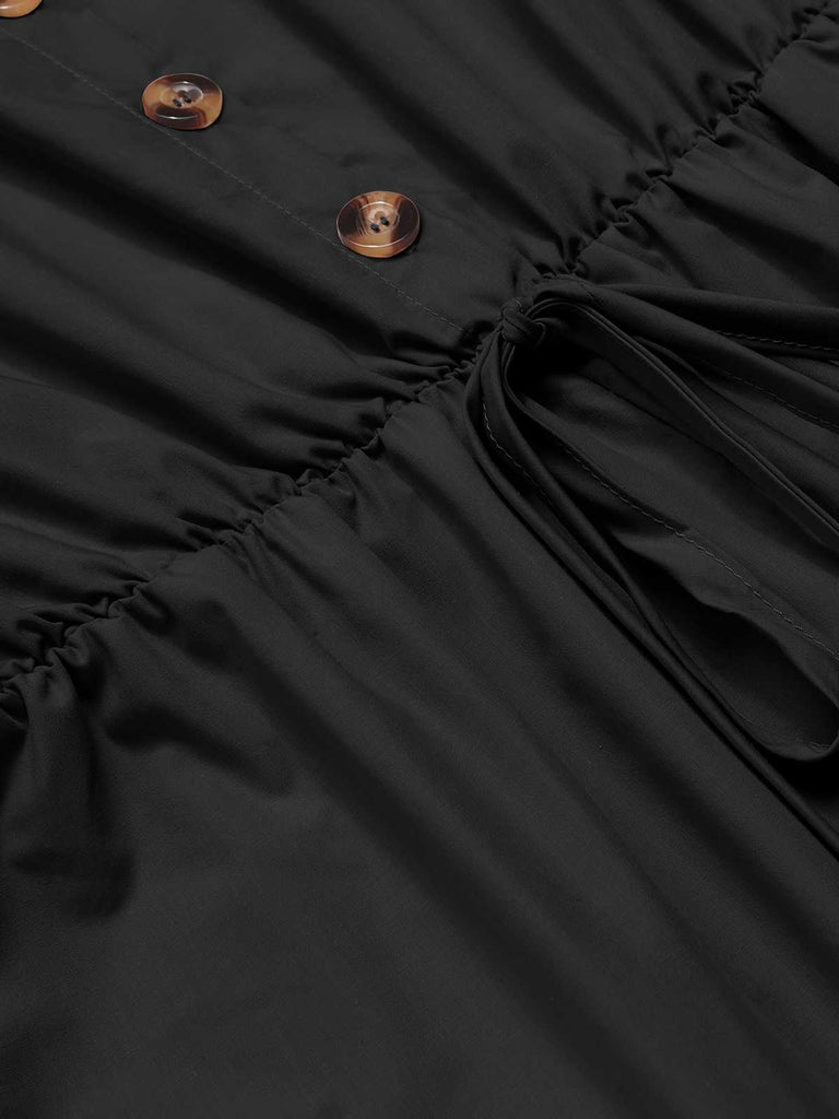 This 1950s Shirt Neck Lace-Up Solid Romper brings 1950s soul to her everyday