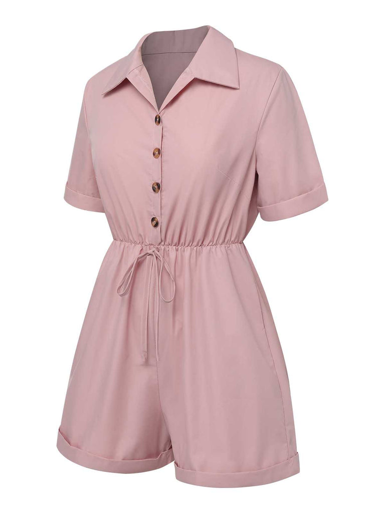 This 1950s Shirt Neck Lace-Up Solid Romper brings 1950s soul to her everyday