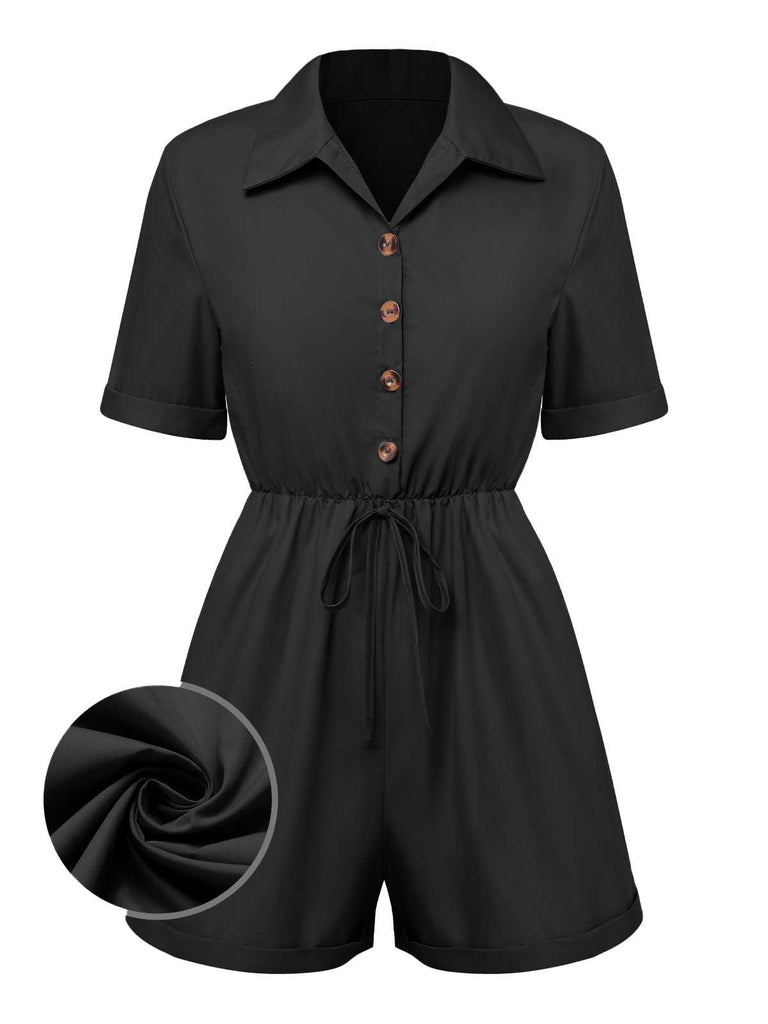This 1950s Shirt Neck Lace-Up Solid Romper brings 1950s soul to her everyday