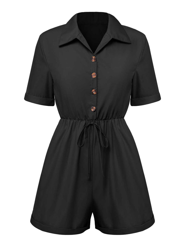 1950s Shirt Neck Lace-Up Solid Romper — 1950s elegance she can wear anywhere