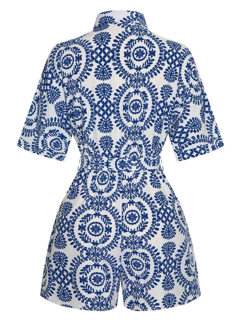1950s Shirt Neck Print Belted Romper — 1950s jazz-age spirit for her morning coffee