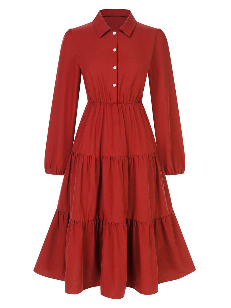 She slips into this 1950s Shirt Neck Tiered Solid Midi Dress and suddenly it's a 1950s daydream