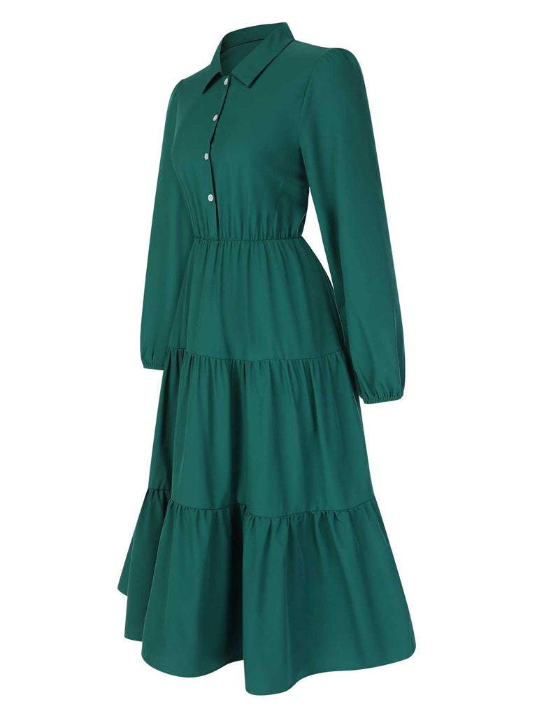 She slips into this 1950s Shirt Neck Tiered Solid Midi Dress and suddenly it's a 1950s daydream