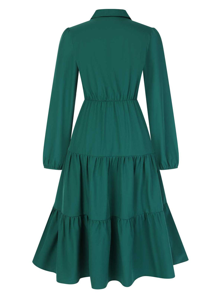 1950s Shirt Neck Tiered Solid Midi Dress: where 1950s romance meets her modern spirit