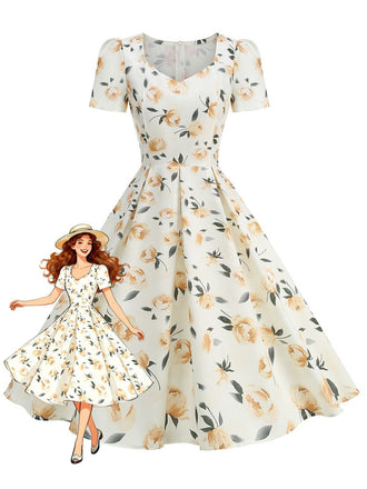 1950s Short Sleeve Sweetheart Neck Rose Swing Dress, vintage dress, retro fashion, rockabilly, pin-up fashion - perfect for women who love vintage and retro fashion