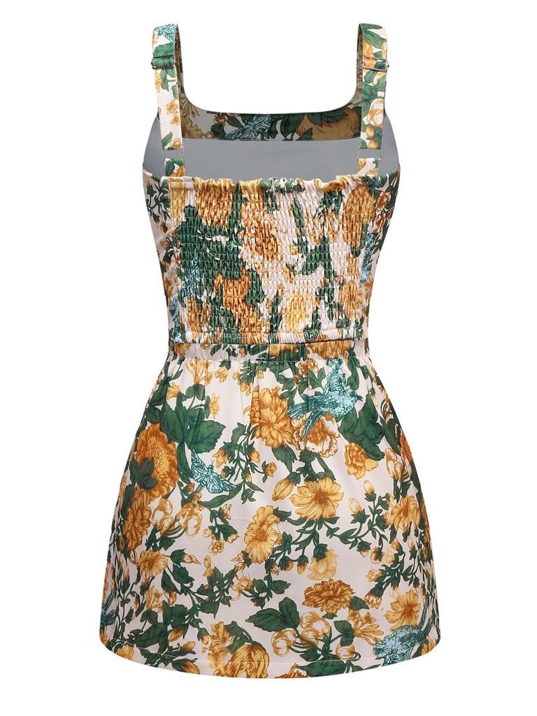 2PCS Yellow 1950s Floral Wide Strap Top & Mini Skirt - vintage skirt, retro style