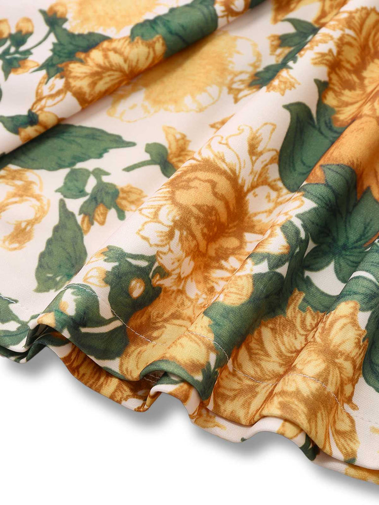 2PCS Yellow 1950s Floral Wide Strap Top & Mini Skirt - vintage skirt, retro style