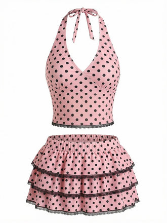 Pink 1950s Polka Dot Halter Tankini Top & Ruffle Swim Skirt - vintage skirt, retro style