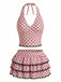 Pink 1950s Polka Dot Halter Tankini Top & Ruffle Swim Skirt - vintage skirt, retro style