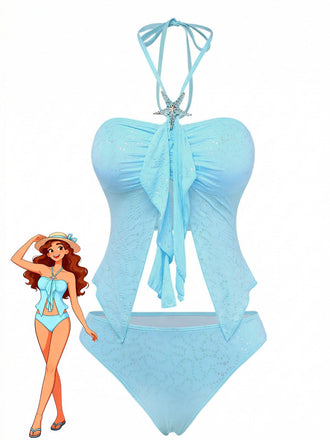Sky Blue 1950s Halter Ruffle Bow Glitter Tankini Set - vintage fashion, retro style
