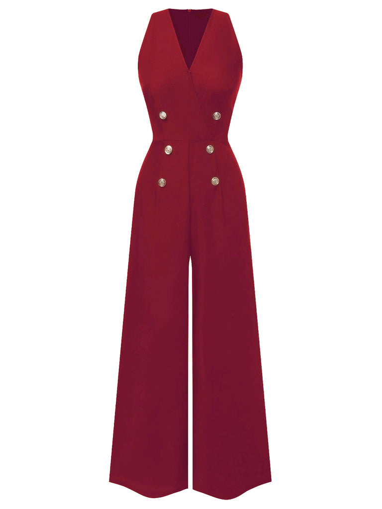 1950s Sleeveless Buttoned Solid Jumpsuit — 1950s vintage charm for her modern wardrobe