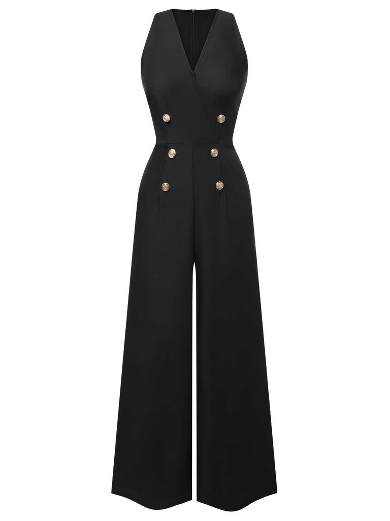She finds her 1950s story in this 1950s Sleeveless Buttoned Solid Jumpsuit