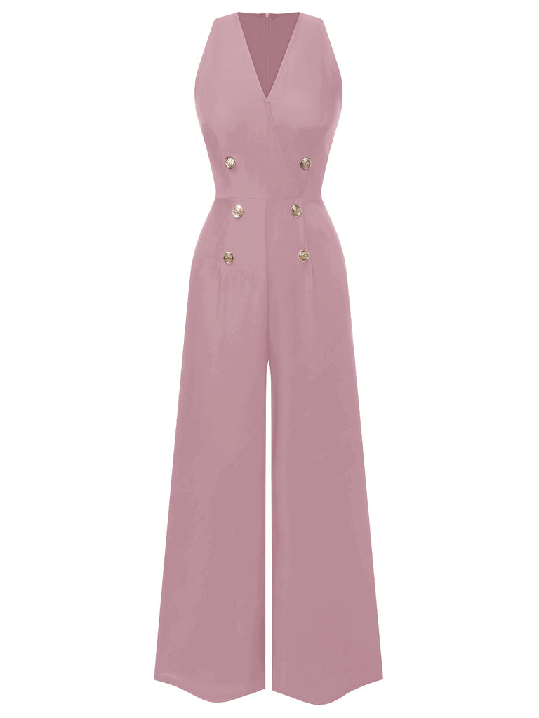 1950s Sleeveless Buttoned Solid Jumpsuit — 1950s vintage charm for her modern wardrobe