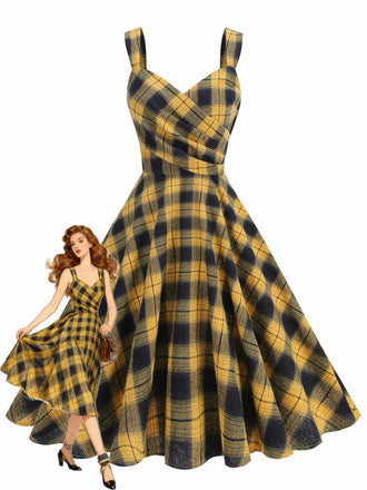1950s Slip V-Neck Plaid Swing Dress - vintage dress, retro fashion, rockabilly