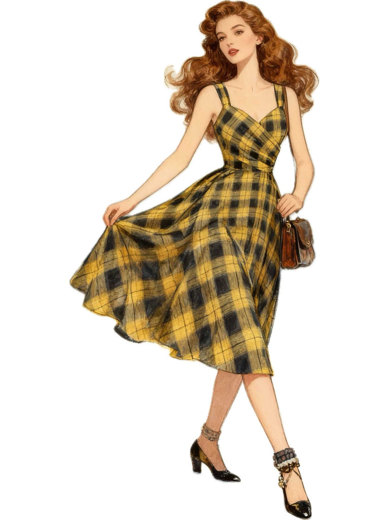 1950s Slip V-Neck Plaid Swing Dress - vintage dress, retro fashion, rockabilly