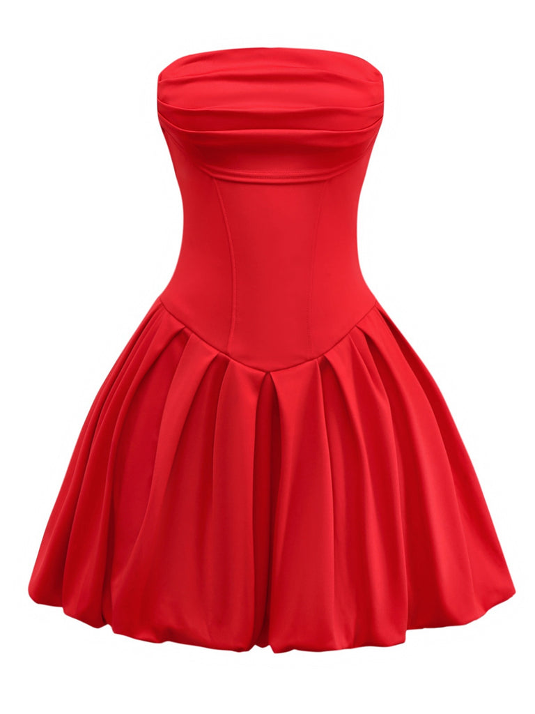 Red Strapless Fit & Flare Mini Dress | Ruched Bodice Pleated Skater Dress Red Strapless Fit & Flare Mini Dress | Ruched Bodice Pleated Skater Dress