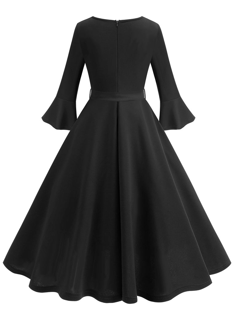 1950s satin solid swing dress Black 1950s Solid 3D Rose Lapel Swing Dress