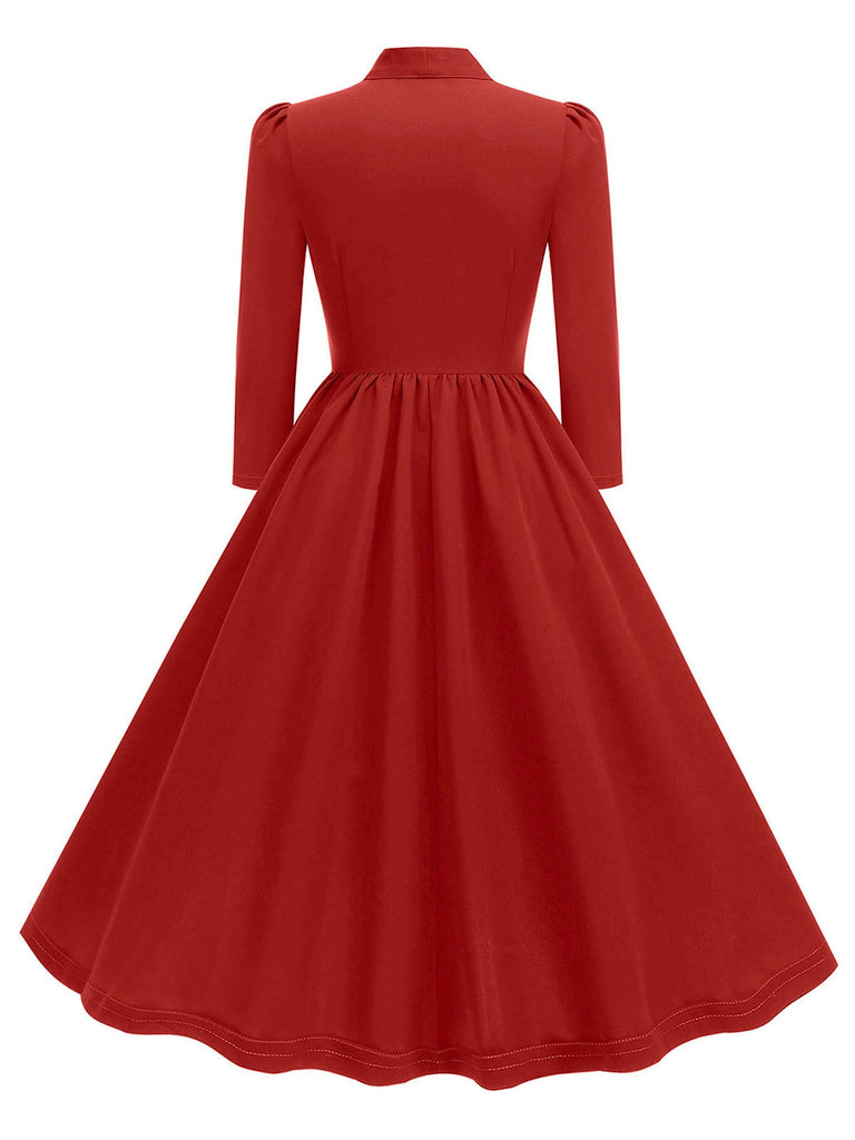 1950s Solid Bow Collar Buttoned Swing Dress: where 1950s romance meets her modern spirit