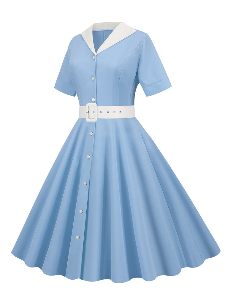 1950s Solid Contrast Lapel Belt Dress, vintage dress, retro fashion, rockabilly, pin-up fashion - perfect for women who love vintage and retro fashion