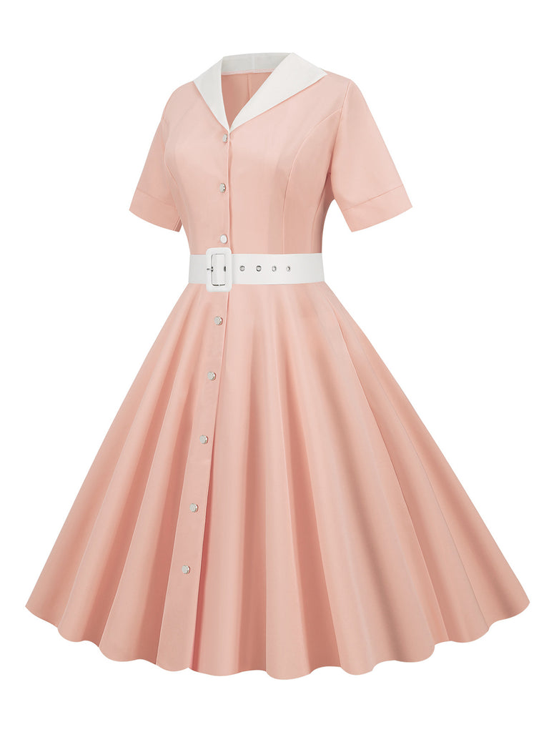 She slips into this 1950s Solid Contrast Lapel Belt Dress and suddenly it's a 1950s daydream