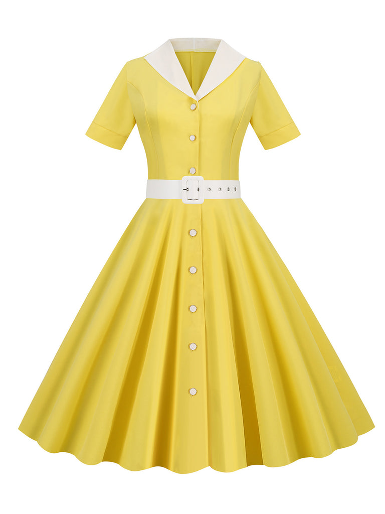 1950s Solid Contrast Lapel Belt Dress — a 1950s silhouette that turns sidewalks into runways