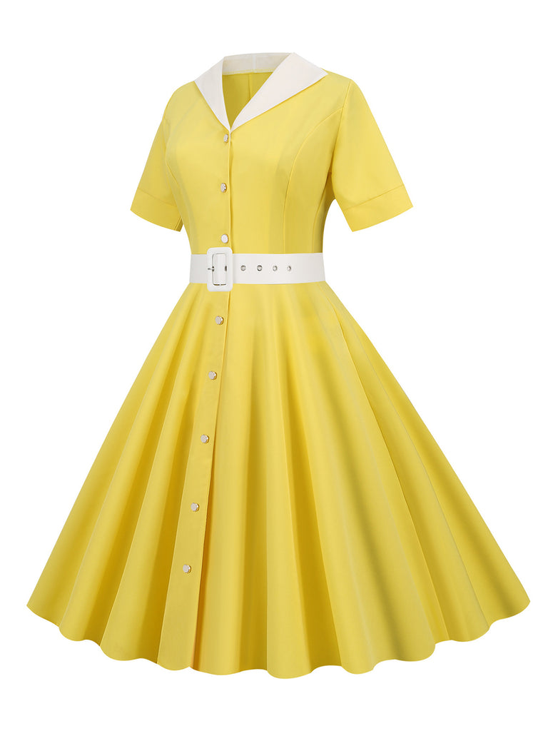 She slips into this 1950s Solid Contrast Lapel Belt Dress and suddenly it's a 1950s daydream