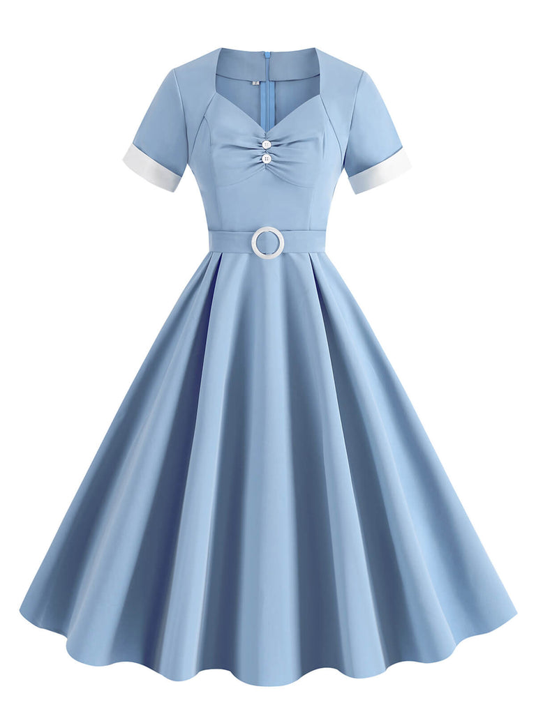 She slips into this 1950s Solid Contrast V-Neck Swing Dress and suddenly it's a 1950s daydream