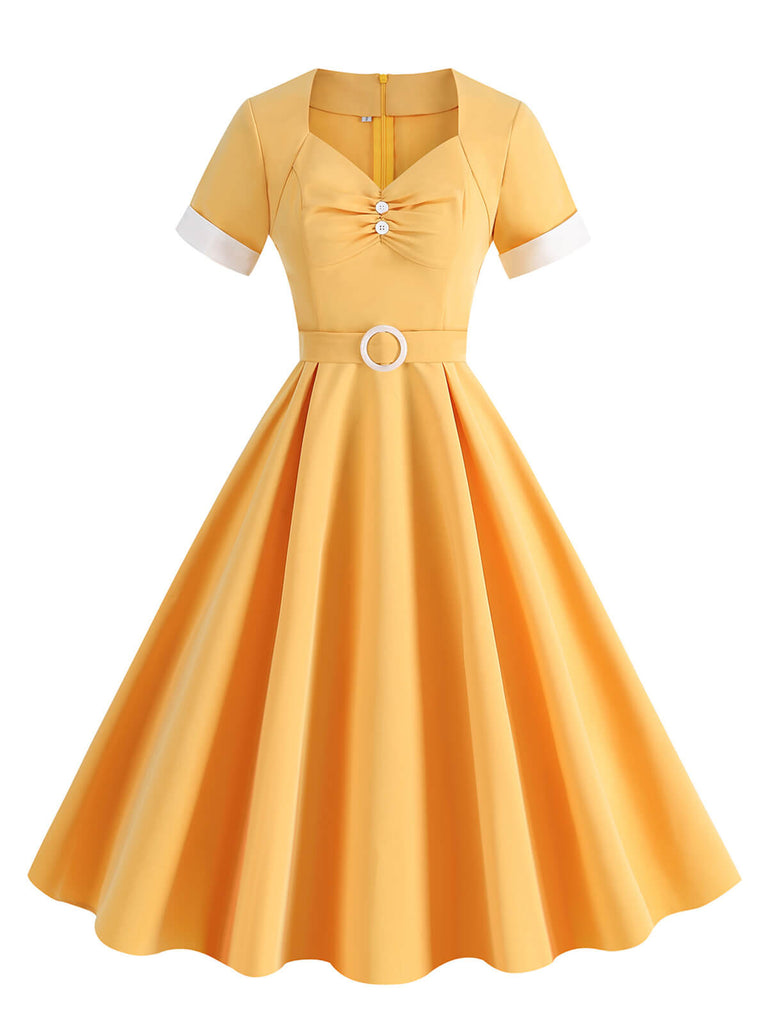 1950s Solid Contrast V-Neck Swing Dress: where 1950s romance meets her modern spirit