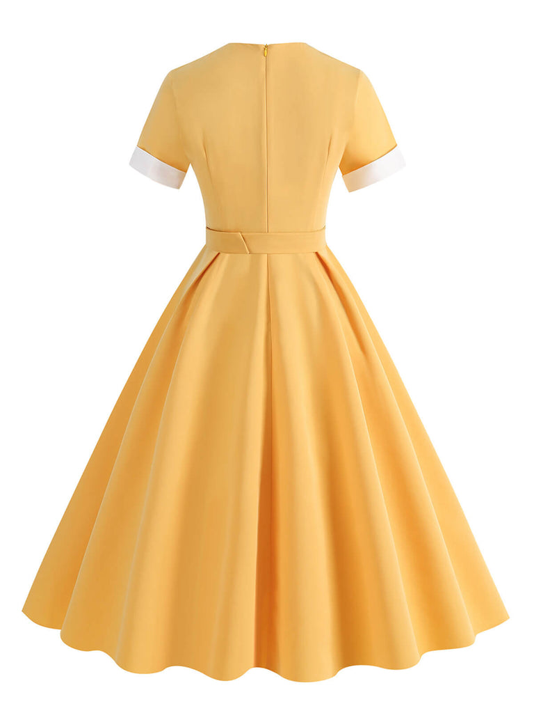 1950s Solid Contrast V-Neck Swing Dress: where 1950s romance meets her modern spirit