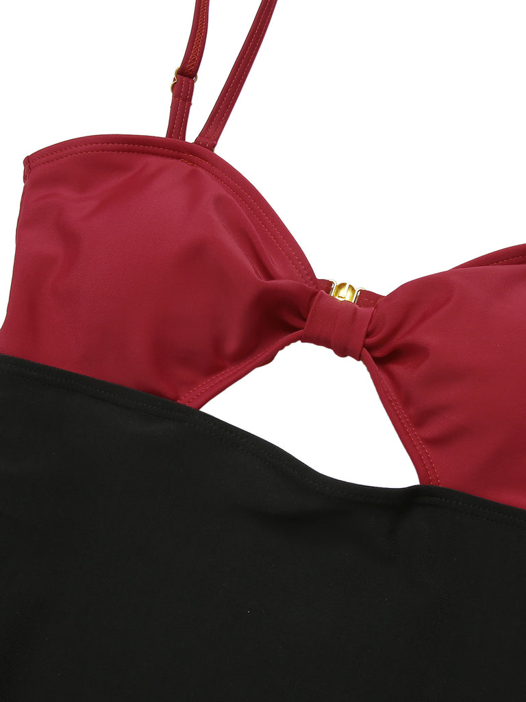 1950s Solid Cutout Halter Strap Swimsuit, vintage swimsuit, pin-up swimwear - perfect for women who love vintage and retro fashion