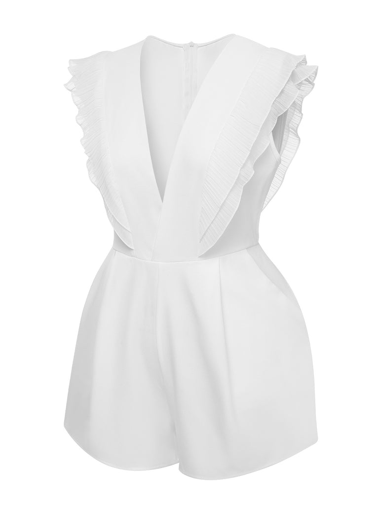 1950s Solid Deep V Neck Ruffles Sleeveless Romper, vintage romper, retro jumpsuit - perfect for women who love vintage and retro fashion