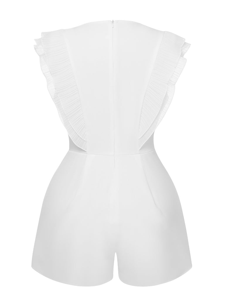 1950s Solid Deep V Neck Ruffles Sleeveless Romper, vintage romper, retro jumpsuit - perfect for women who love vintage and retro fashion