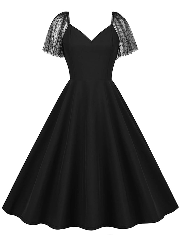1950s Solid Dots Mesh Sleeve V-Neck Dress: where 1950s romance meets her modern spirit