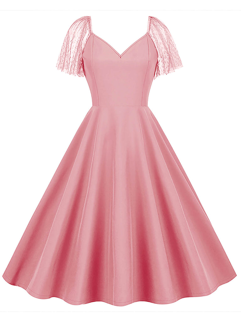 She slips into this 1950s Solid Dots Mesh Sleeve V-Neck Dress and suddenly it's a 1950s daydream