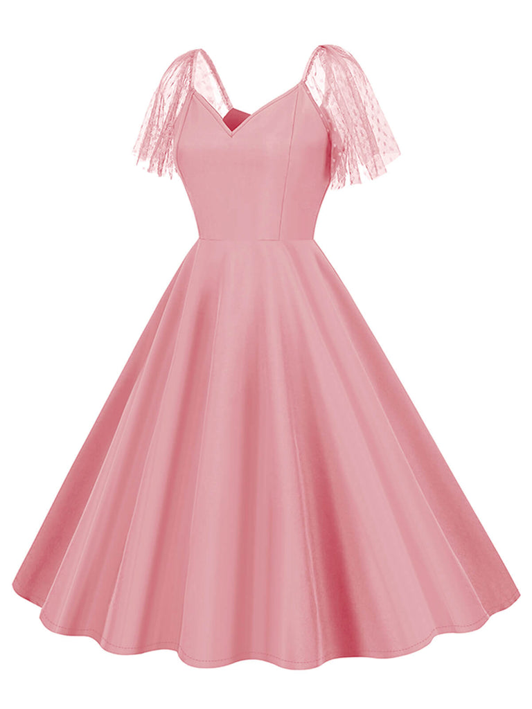 1950s Solid Dots Mesh Sleeve V-Neck Dress: where 1950s romance meets her modern spirit