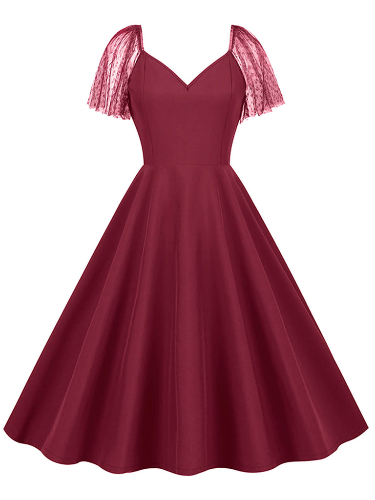 1950s Solid Dots Mesh Sleeve V-Neck Dress — a 1950s silhouette that turns sidewalks into runways