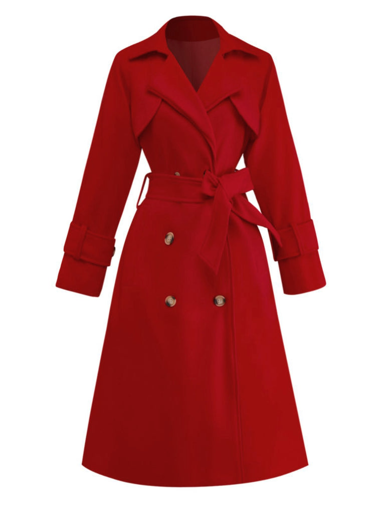 1950s Solid Double-Breasted Lapel Trench Coat - vintage fashion, retro style
