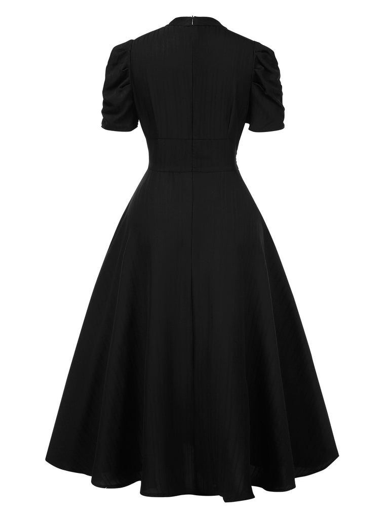 1950s Solid Empire Waist V-Neck Puff Sleeves Dress - vintage dress, retro fashion, rockabilly