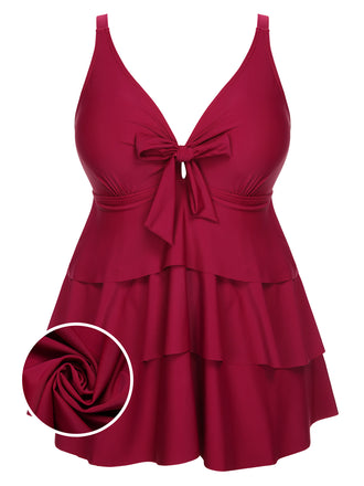 [Pre-Sale] [Plus Size] 1950s Solid Front Tie Ruffle Swimsuit, vintage swimsuit, pin-up swimwear - perfect for women who love vintage and retro fashion